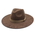Detail of a brown suede fedora featuring a polka dot ribbon band on white background - Brown (Suede)