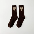 Dark brown crew socks with light khaki heart pattern and ribbed cuffs in minimalist style - Coffee