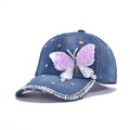 Blue denim baseball cap with purple sequined butterfly and sparkling rhinestones - 7-Butterfly Sequin-Medium Blue