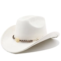 Close-up of a cream faux suede cowboy hat with an ethnic beaded band and yellow center stone - Cream