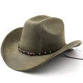 Olive green faux suede wide brim fedora hat with ethnic beaded band and wind rope - M (56-58cm) / Army Green