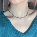 Minimalist silver 316L stainless steel flat snake chain necklace on female model - Steel Color 4mmx45cm