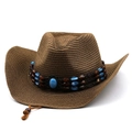 Ethnic western cowboy straw hat in dark brown with blue beads and windproof rope - M(56-58cm) / Coffee