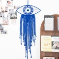 Handwoven blue cotton macrame wall hanging with evil eye design and long fringes - Evil Eye - Blue