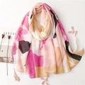 Katoenen linnen sjaal met bloemenprint, kwastjes en abstract geometrisch patroon op wit - Roze Geel Zwart Wit Geometrische Patchwork