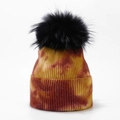 Close-up of tie-dye knit beanie with premium black faux fur pompom and ribbed texture - Yellow Orange and Brown Tie-Dye (5#)