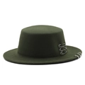 Punk style dark green wool felt flat top fedora hat with metal rings and pins decoration - M(56-58cm) / Army Green