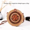 Handmade round rattan crossbody bag with brown leather strap and intricate weave detail - Hollow Chinese Knot Pattern 20*8cm