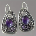 Vintage silver hollow-out drop earrings with purple gemstones in ethnic floral design - Purple