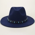 Dark blue felt fedora hat with ethnic turquoise beads and silver stud leather band - M (56-58cm) / Navy Blue