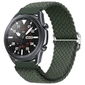Macro detail of a green braided nylon strap on a black Samsung Galaxy smartwatch with dial info - Dark Olive Green