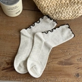 Beige cotton mid-calf socks with black lettuce edge trim and ribbed texture details - One Size / Grey-Beige