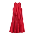 Elegante abito midi rosso senza maniche con coulisse in vita e silhouette a trapezio - XS / Rosso