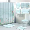 4-teiliges Badezimmerset mit Lotus- und Koi-Print inklusive Duschvorhang und Matten - Skizze Landschaft & Lotus (YL77H)