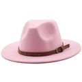 Detail of pink fedora wool hat with brown faux leather band and silver rivet buckle - Pink