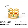 Detail of stacked gold stainless steel rings with colorful beads and size dimensions - Multi-Layer Open Four-Color Bead Style (NB-R24478)