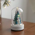Christmas glass jar light with white bear and blue forest scene, 13.5cm wooden base lamp - White House Style D