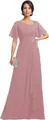 Elegant dusty pink chiffon long dress with flutter sleeves and rhinestone waist applique - US size 2 / Top And Bottom / Dusty Pink