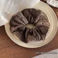 Brown knitted ruffled scrunchie with crochet lace design, 15.5cm large size hair tie - Diameter approx. 15.5cm / Brown