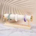 Solid wood bracelet display stand with gold metal U-supports and white leather T-bar - 1-Tier Off-White