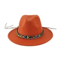 Close-up of orange felt fedora with bohemian colorful woven band and beaded trim detail - 58cm / Orange