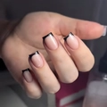 Short square French press-on nails with nude pink base and minimalist black tips - Glue Type / Black French Tip Style (FS-34)