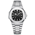 Men's luxury quartz watch with silver steel band, octagonal case and black textured dial - Silver Case & Black Dial Steel Strap