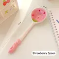 Cute strawberry ceramic long handle spoon with red seed pattern and pink finish - Ceramic / Strawberry Spoon