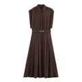 Vestido camisero midi marrón oscuro con cinturón a juego y botones frontales - XS / café