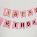Pink and gold foil Happy Birthday banner with swallowtail flags for party decoration - Pink Happy Birthday Banner