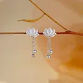 925 silver plated lotus earrings with sparkling petals and long tassel chains - Lotus Tassel Rhinestone Style (A237)