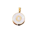Golden stainless steel round pendant with white mother-of-pearl and letter O detail - Letter O / 22mm (1 Piece/Pack) / Gold