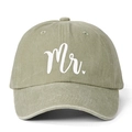 Washed khaki green baseball cap with white Mr. embroidery and heart on a white background - One Size / Light Khaki