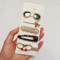 5-piece set of candy-colored hairpins with rhinestones, bees, and cherries on gold metal - Black Mirror (5 Piece Set)