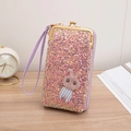 Pink sequin crossbody bag with a cute woven bunny patch and gold frame clasp closure - Pink