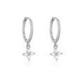 Silver flower drop earrings with clear circular zircons and reflective finish - Silver White Rhinestone