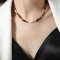 French style natural stone and pearl bead necklace with gold metallic accents on model - Black and Pearl Beaded / 38+5cm
