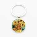 Artistic round glass keychain featuring Van Gogh's Sunflower painting in silver finish - Silver-Glossy Sunflowers