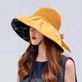 Women's yellow outdoor sun hat with large brim, bow decoration, and UV protection - Yellow with Ribbon