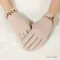 Women's winter thermal knit gloves in Dark Tea Camel with gold horsebit buckle detail - DY40 Series-Horsebit Buckle Decor / Dark Tea Camel