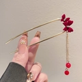 Épingle à cheveux en U dorée avec nœud en velours rouge, strass et gland en métal - Épingle à cheveux en U double papillon à franges