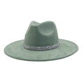 Detail of sage green suede fedora hat with sparkling rhinestone encrusted band decoration - 58 / Olive Green
