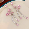 Dettaglio degli orecchini a farfalla in argento con zirconi rosa e lunghe nappe eleganti - Perno per orecchini in argento - Rosa