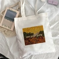 White canvas tote bag featuring Van Gogh art print with Van Gogh Gang text on bedsheet - Van Gogh Gang Text
