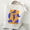 White canvas tote bag with blue French Bulldog illustration on a yellow background - Blue Illustration Bulldog (S)