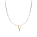 Imitation pearl necklace with a gold-plated letter Y pendant and sparkling zirconia - Letter Y