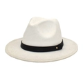 Close-up of white wide-brim wool fedora hat with black matte band and gold rivet detail - M (56-58cm) / White