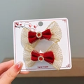 Pair of red velvet bow hair clips with gold mesh and rhinestones for festive occasions - Mesh Pair Clips