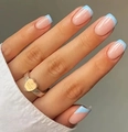 Detail of square french press-on nails with light blue tips and nude pink base color - Nude Pink Sky Blue Edge French (CW313)