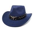 Dark blue wool cowboy hat with a black leather band and gold bull head metal logo - M (56-58cm) / Navy Blue